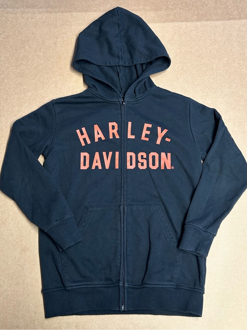 Harley-Davidson Youth L 8-10 Zip Hoodie Black with Orange Logo Front & Back